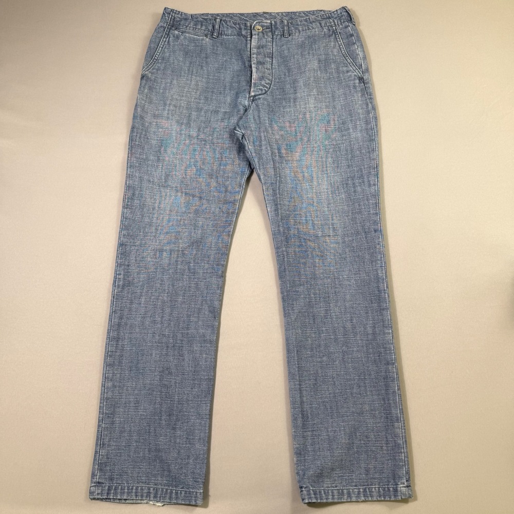 Buck Mason Officer Pants Mens 33x32 Blue Indigo Canvas Straight Leg Button Fly